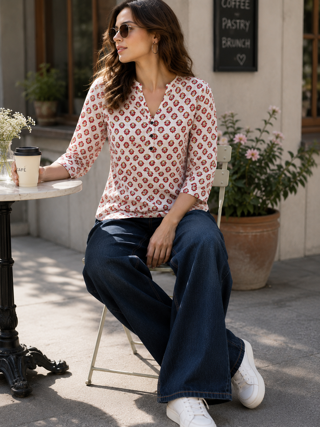 Off-White and Red Floral Printed Cotton Short Kurti - 26197