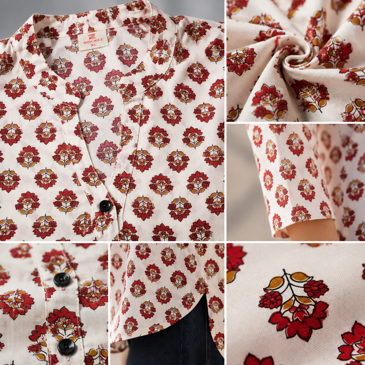 Off-White and Red Floral Printed Cotton Short Kurti - 26197