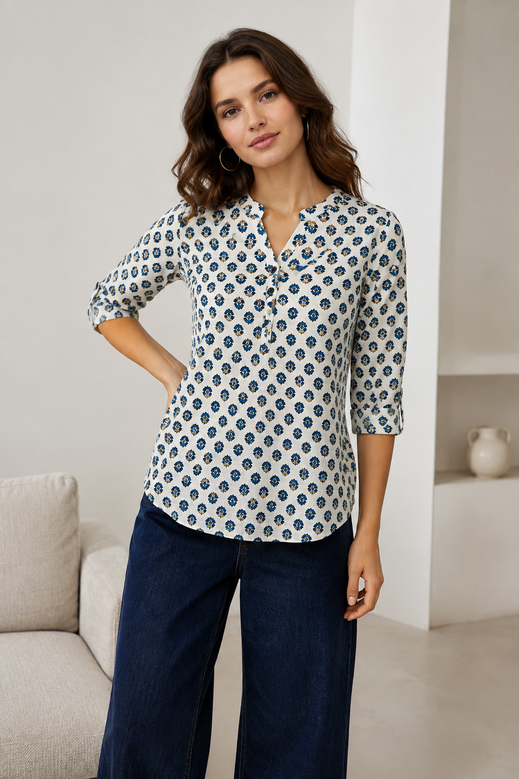 Off-White and Blue Floral Printed 100% Cotton Short Kurti - 27198