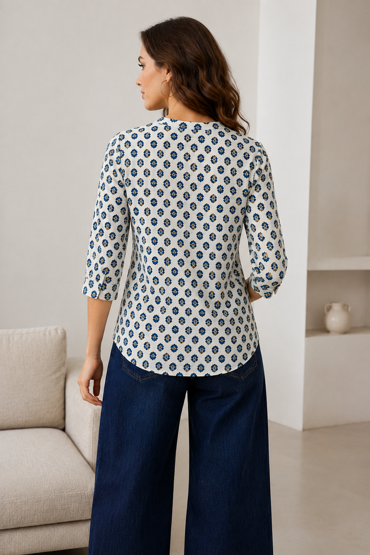Off-White and Blue Floral Printed 100% Cotton Short Kurti - 27198