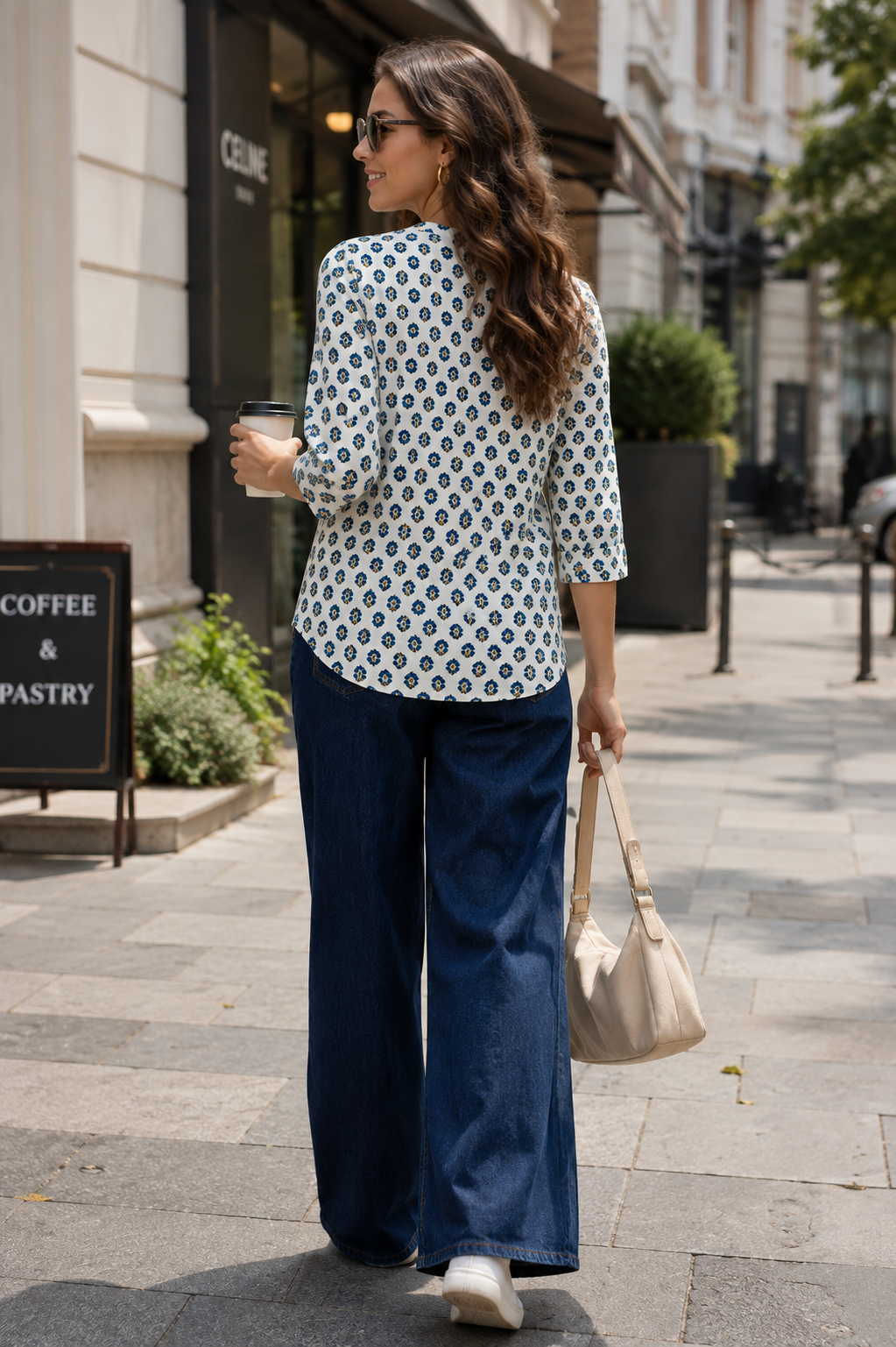Off-White and Blue Floral Printed 100% Cotton Short Kurti - 27198