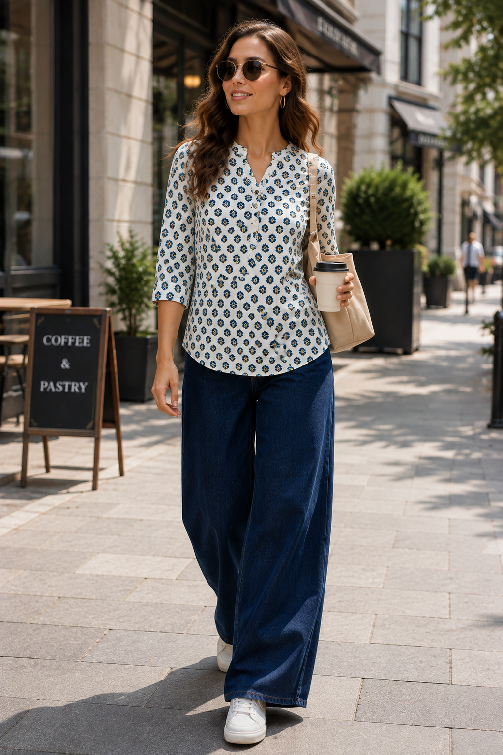 Off-White and Blue Floral Printed 100% Cotton Short Kurti - 27198
