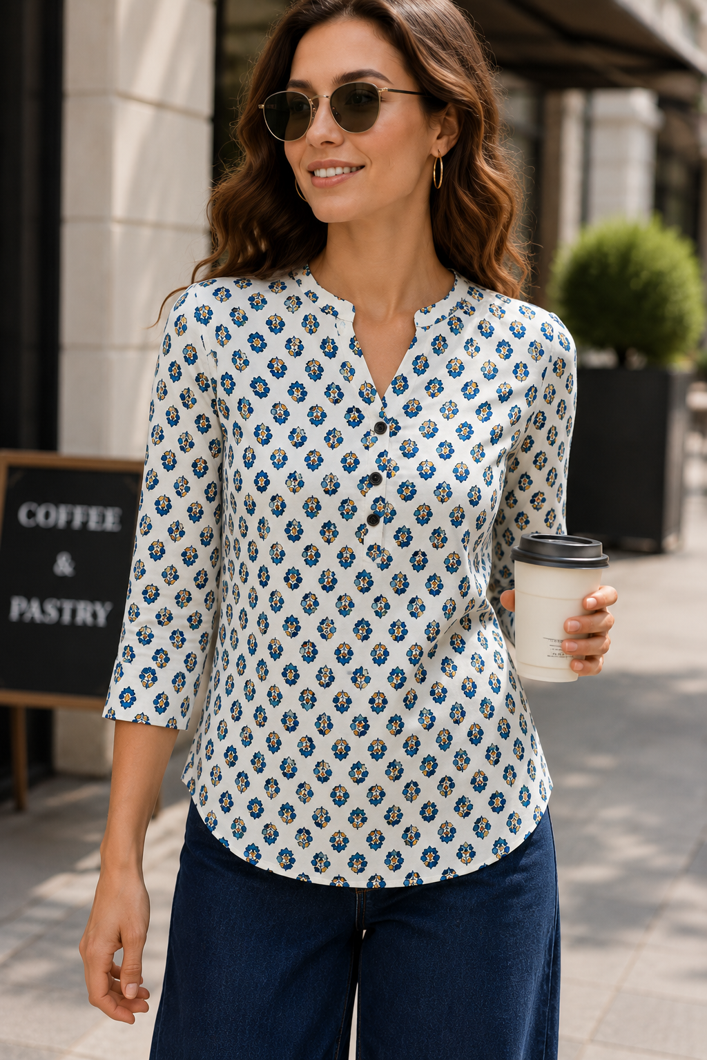 Off-White and Blue Floral Printed 100% Cotton Short Kurti - 27198
