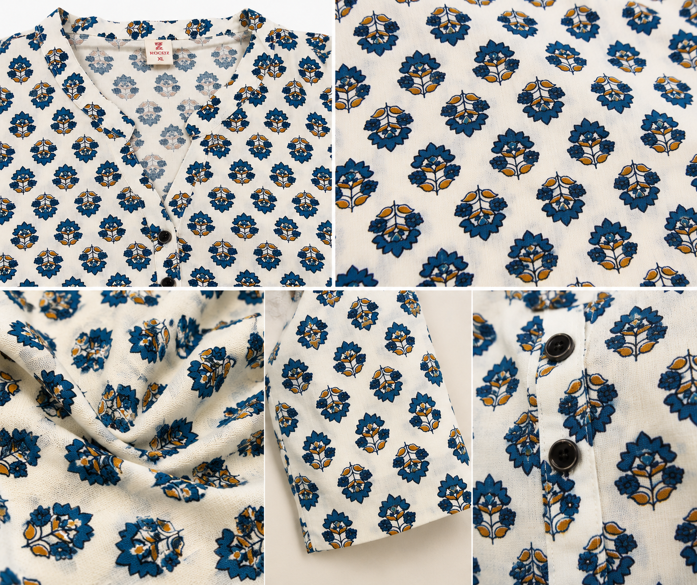 Off-White and Blue Floral Printed 100% Cotton Short Kurti - 27198