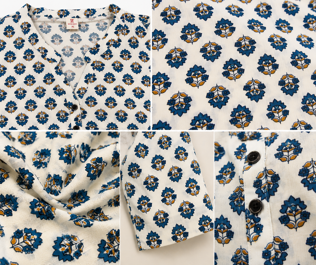 Off-White and Blue Floral Printed 100% Cotton Short Kurti - 27198