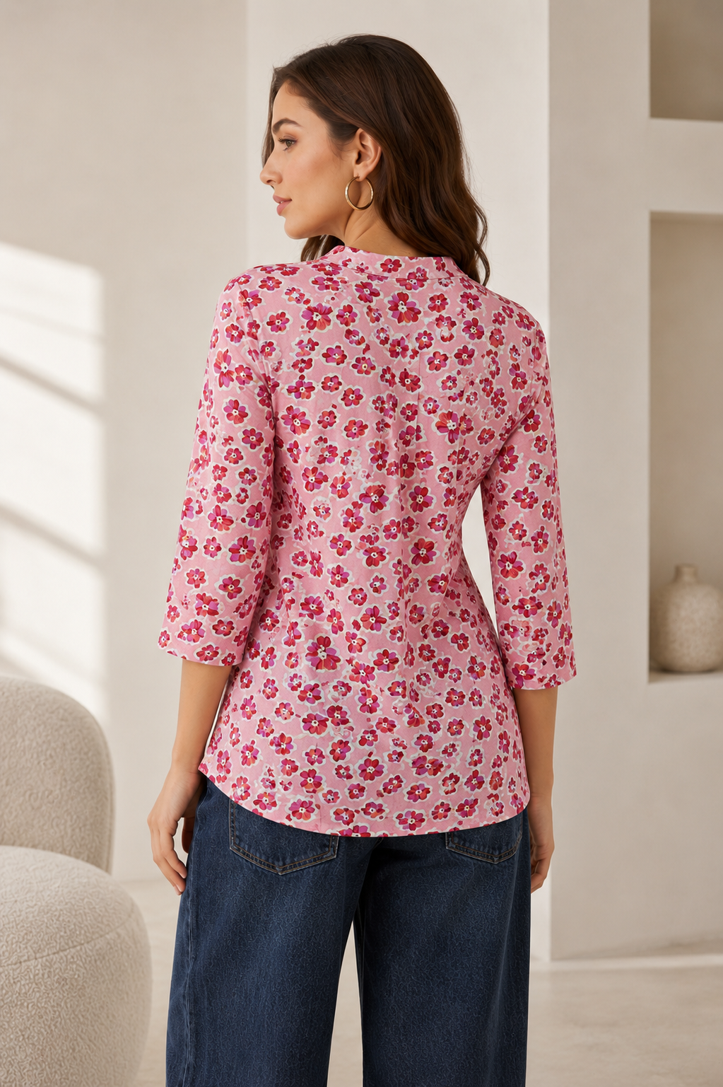 Pink and Red Floral Printed 100% Cotton Short Kurti - 27203