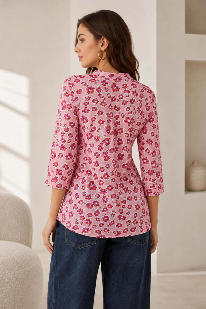 Pink and Red Floral Printed 100% Cotton Short Kurti - 27203