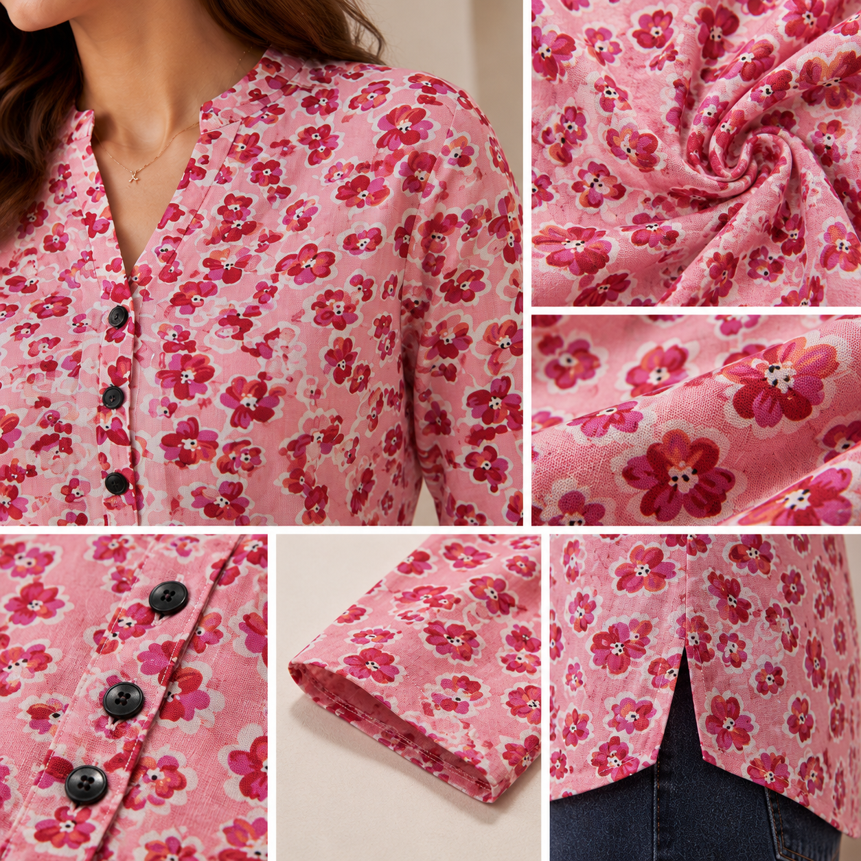 Pink and Red Floral Printed 100% Cotton Short Kurti - 27203