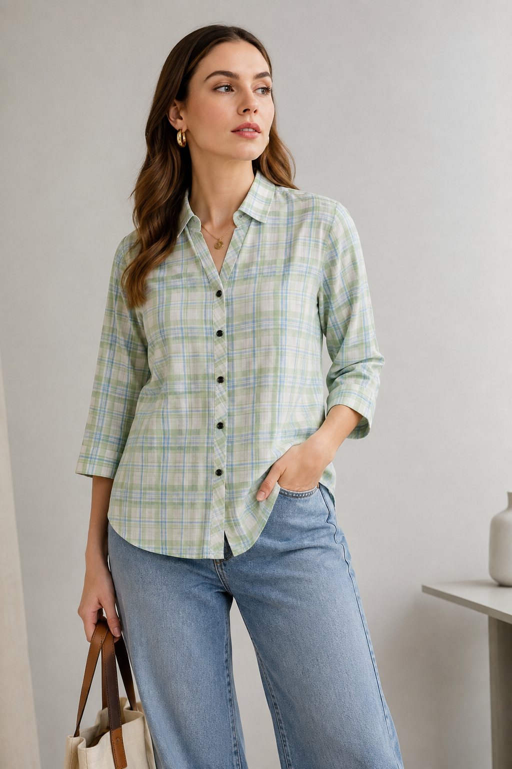 Casual Light Green & Blue Plaid Checkered Shirt - 27075