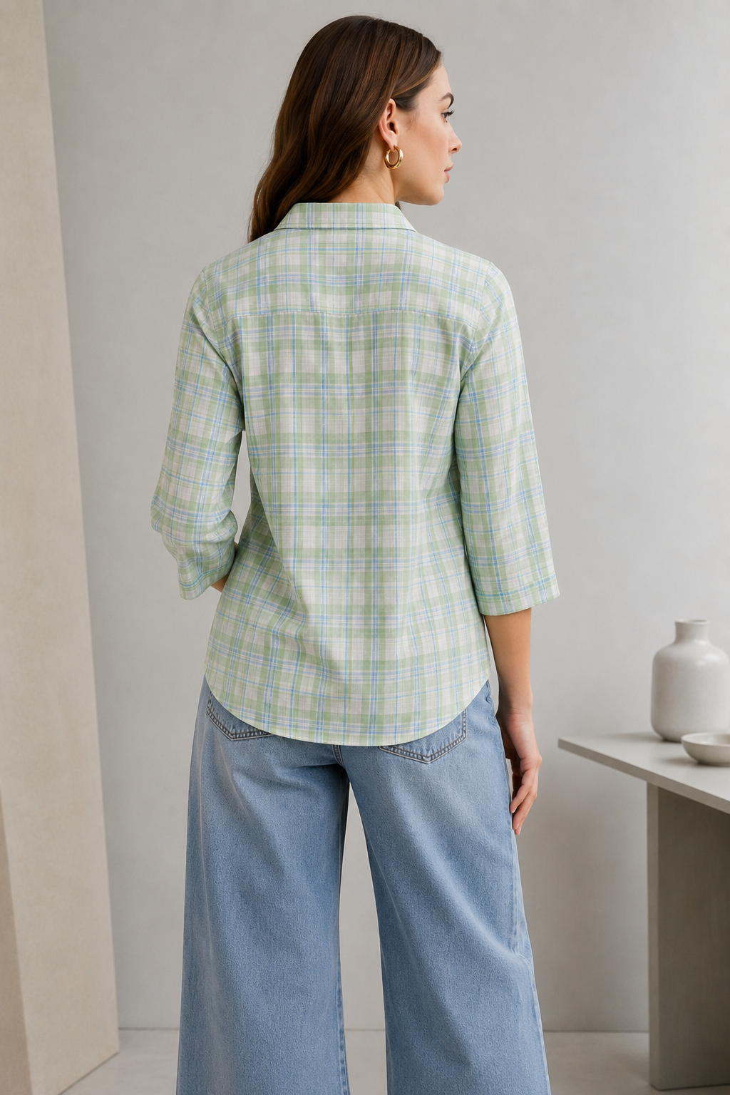 Casual Light Green & Blue Plaid Checkered Shirt - 27075