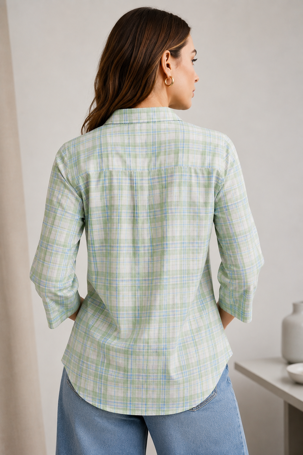 Casual Light Green & Blue Plaid Checkered Shirt - 27075