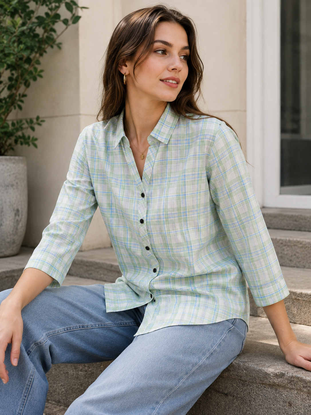Casual Light Green & Blue Plaid Checkered Shirt - 27075