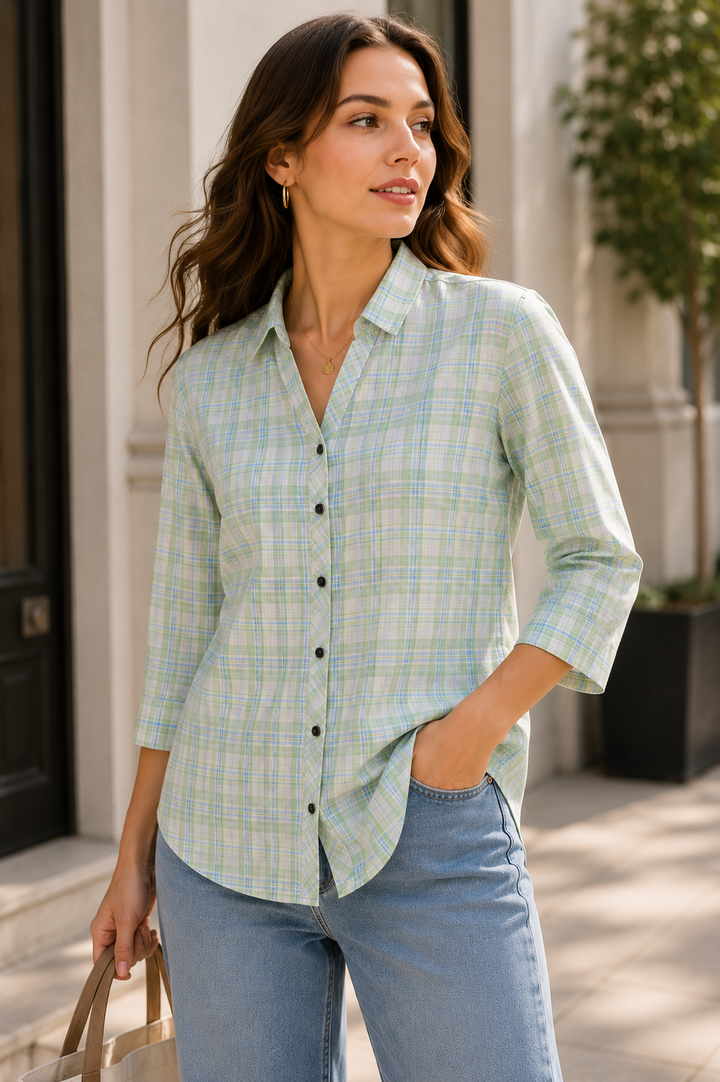 Casual Light Green & Blue Plaid Checkered Shirt - 27075