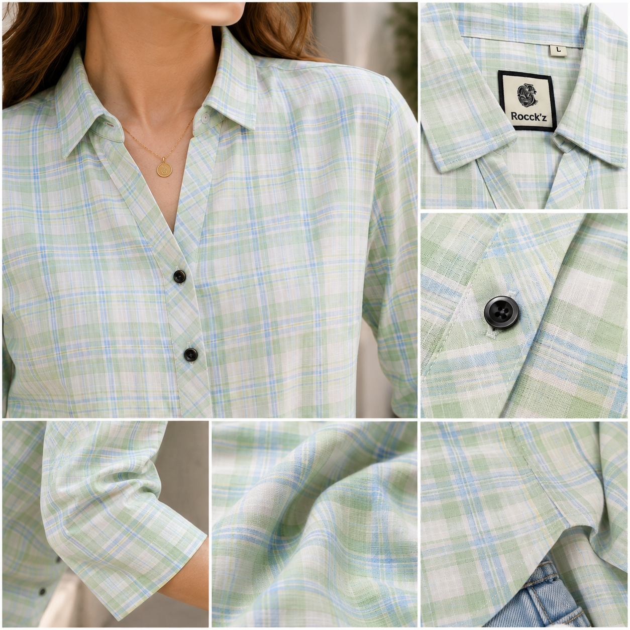 Casual Light Green & Blue Plaid Checkered Shirt - 27075