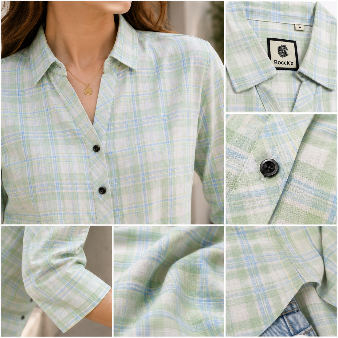 Casual Light Green & Blue Plaid Checkered Shirt - 27075