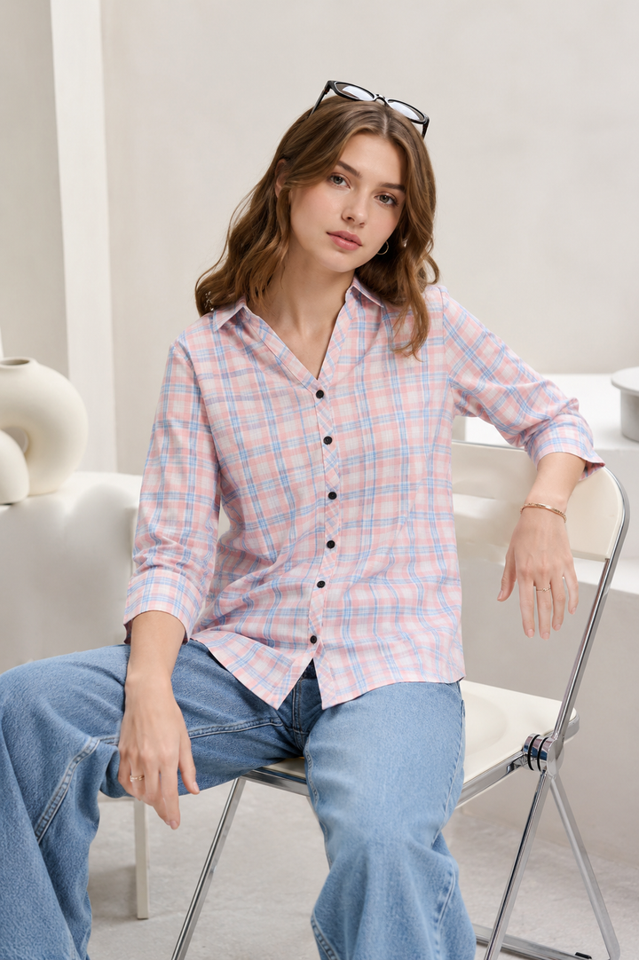 Casual Peach & Light Blue Plaid Checkered Shirt - 27076