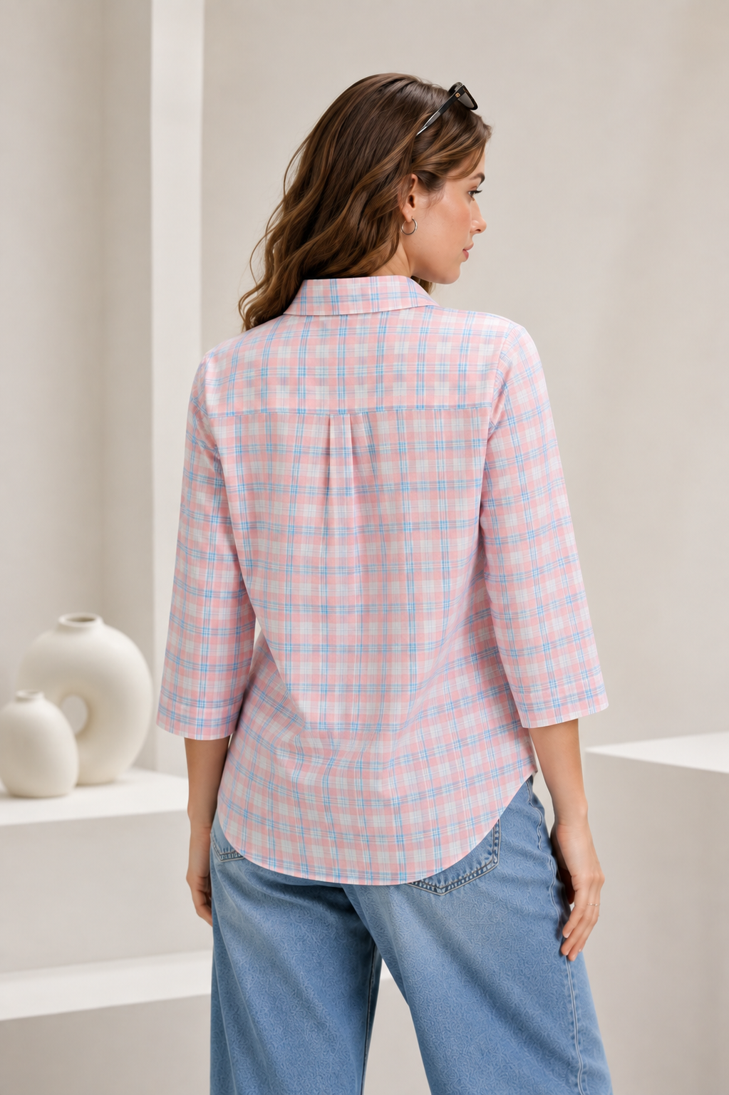 Casual Peach & Light Blue Plaid Checkered Shirt - 27076