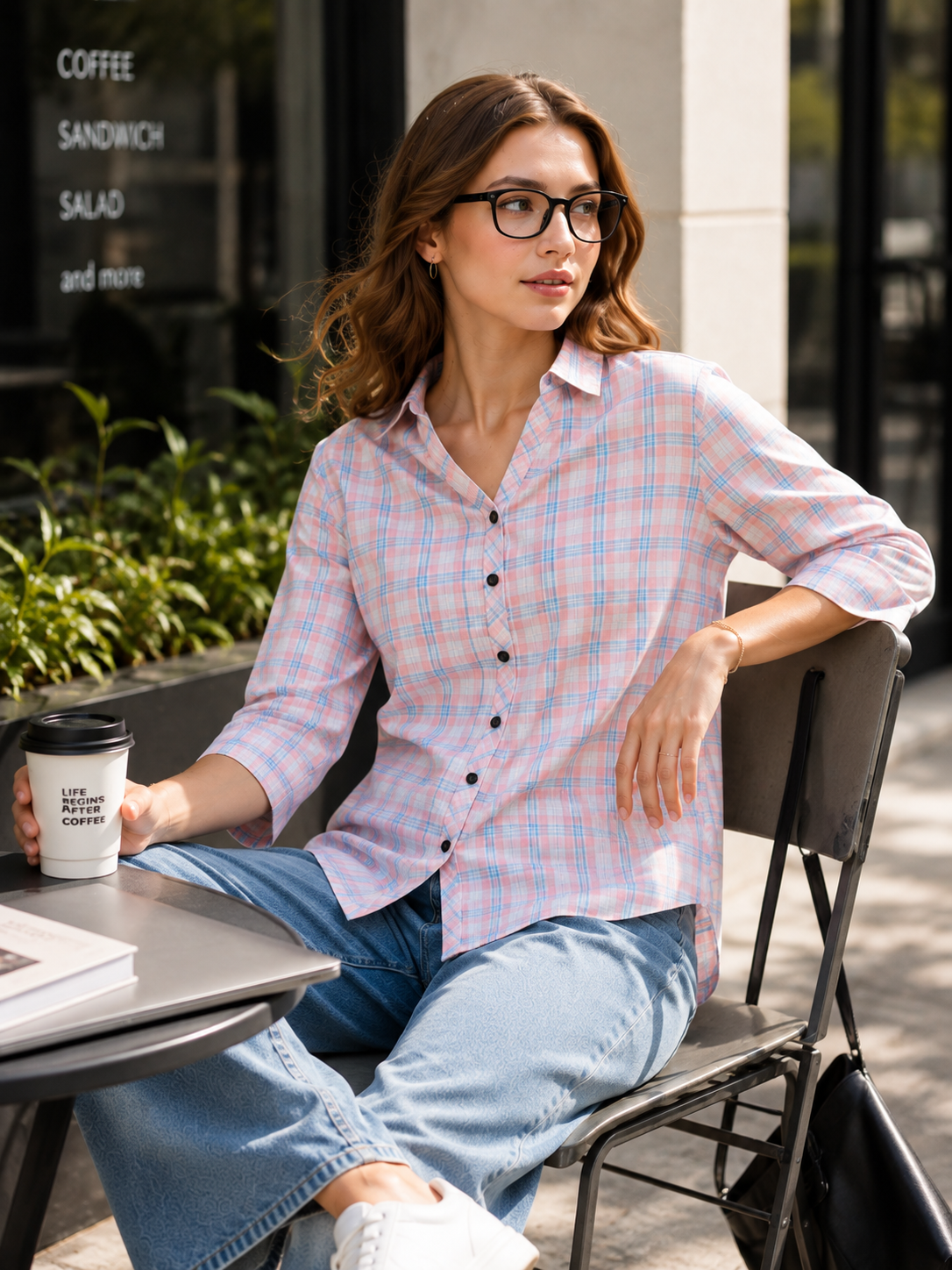 Casual Peach & Light Blue Plaid Checkered Shirt - 27076