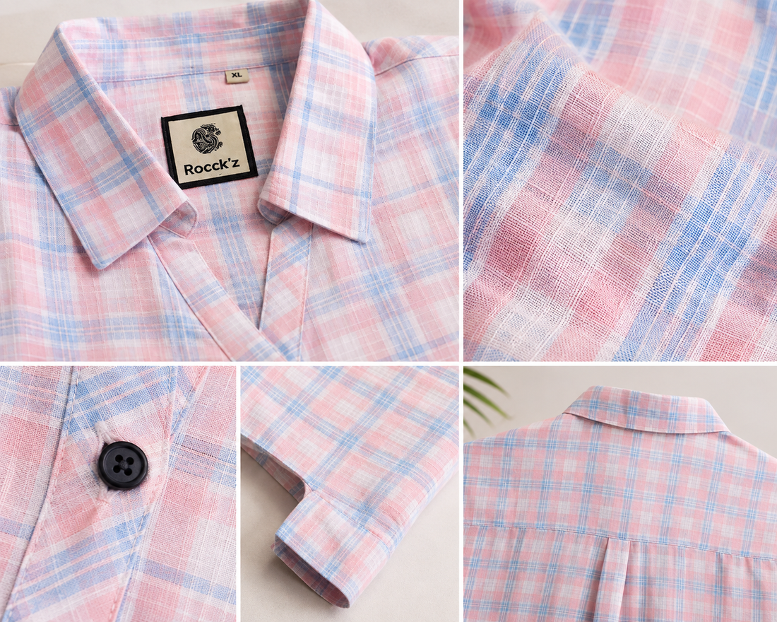 Casual Peach & Light Blue Plaid Checkered Shirt - 27076