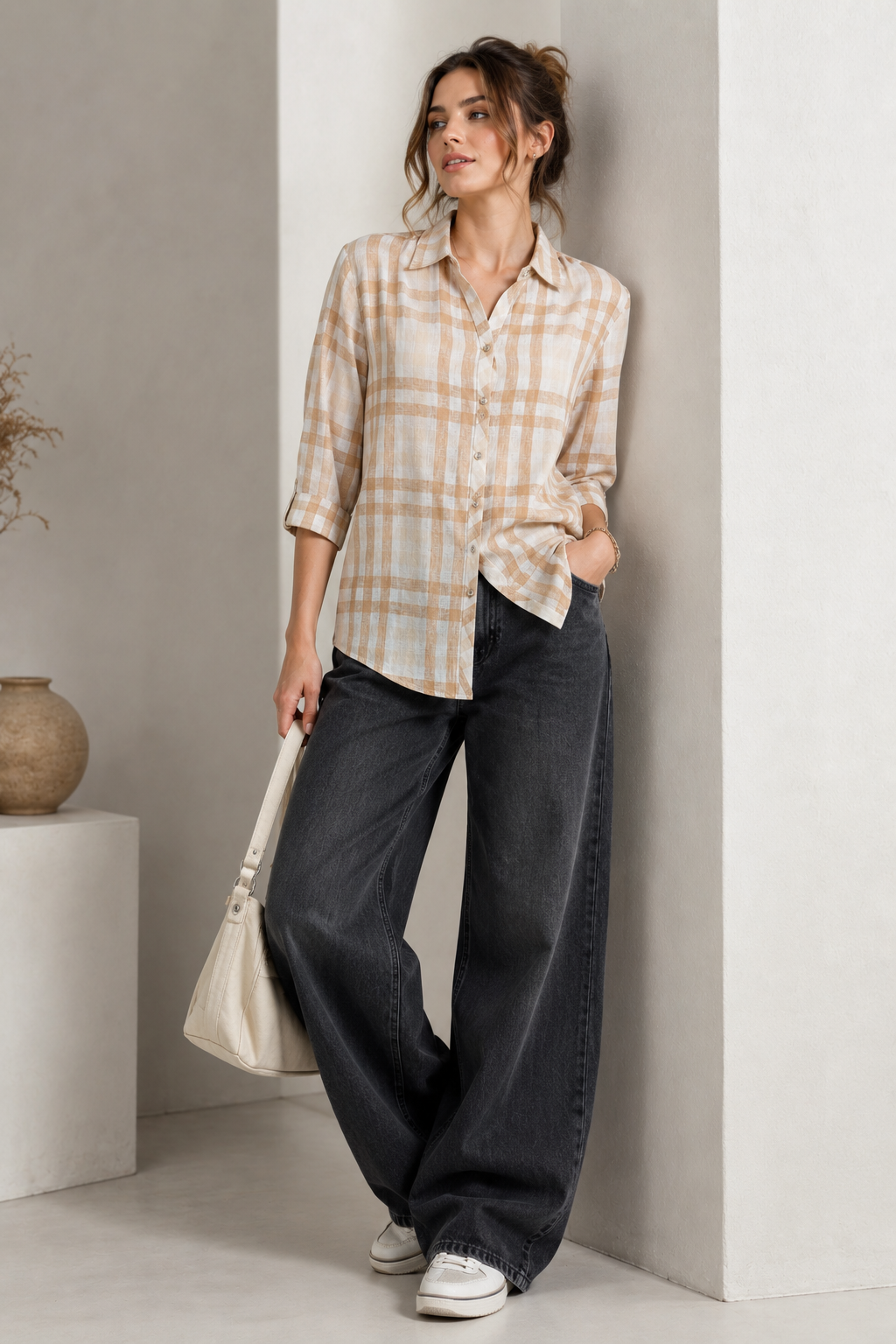Casual Brown & White Plaid Checkered Shirt - 27085