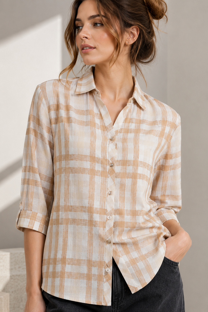 Casual Brown & White Plaid Checkered Shirt - 27085