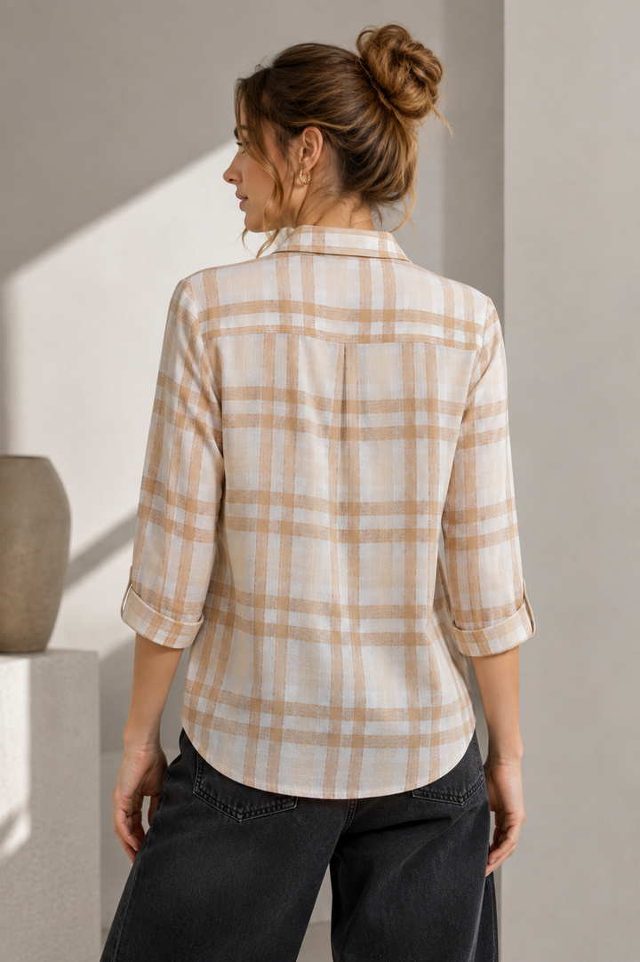Casual Brown & White Plaid Checkered Shirt - 27085