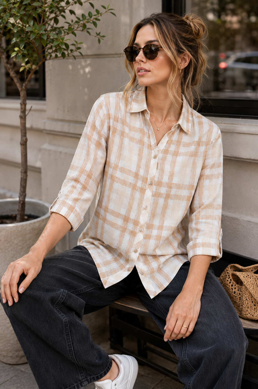 Casual Brown & White Plaid Checkered Shirt - 27085