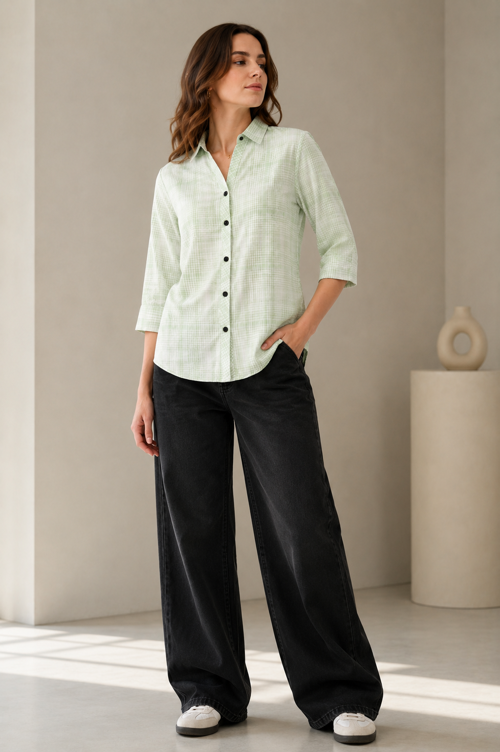 Casual Light Green & White Checkered Shirt - 27084