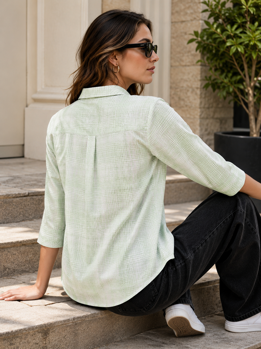 Casual Light Green & White Checkered Shirt - 27084