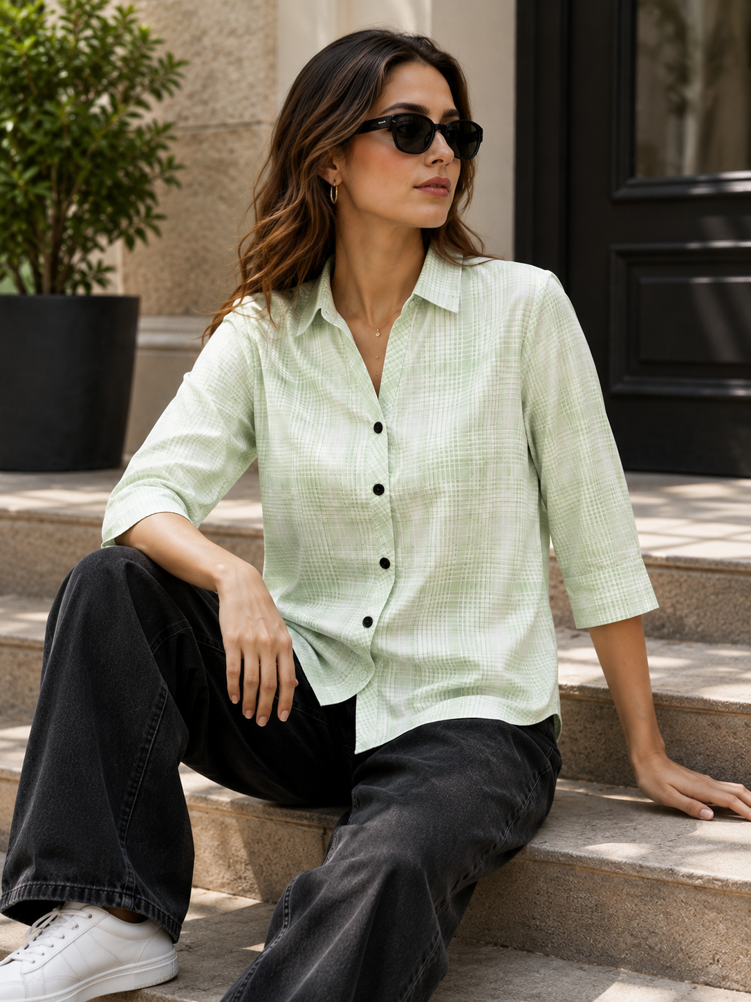 Casual Light Green & White Checkered Shirt - 27084