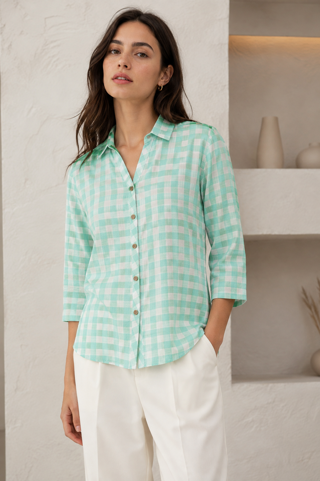 Casual Mint Green & White Gingham Checkered Shirt - 27087