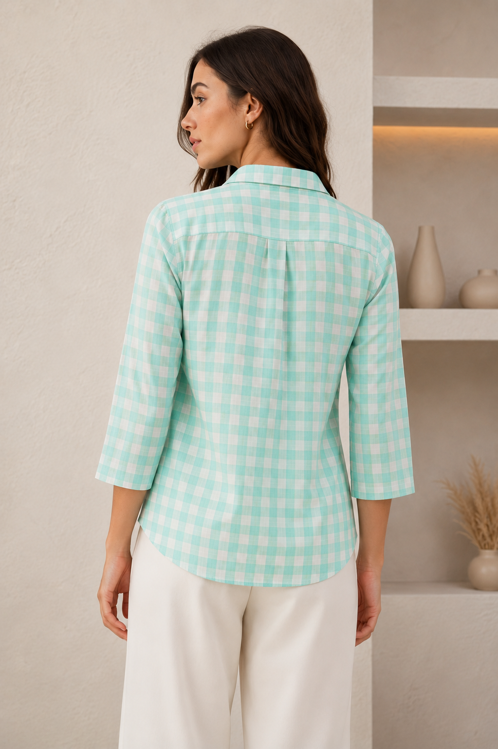 Casual Mint Green & White Gingham Checkered Shirt - 27087