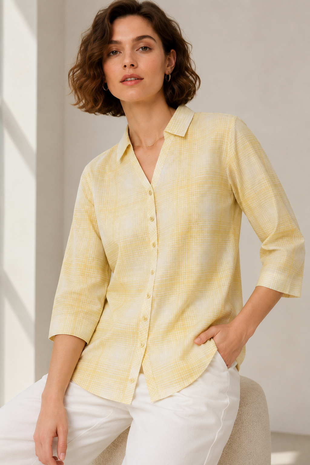 Yellow & White Checkered Casual Shirt - 27083