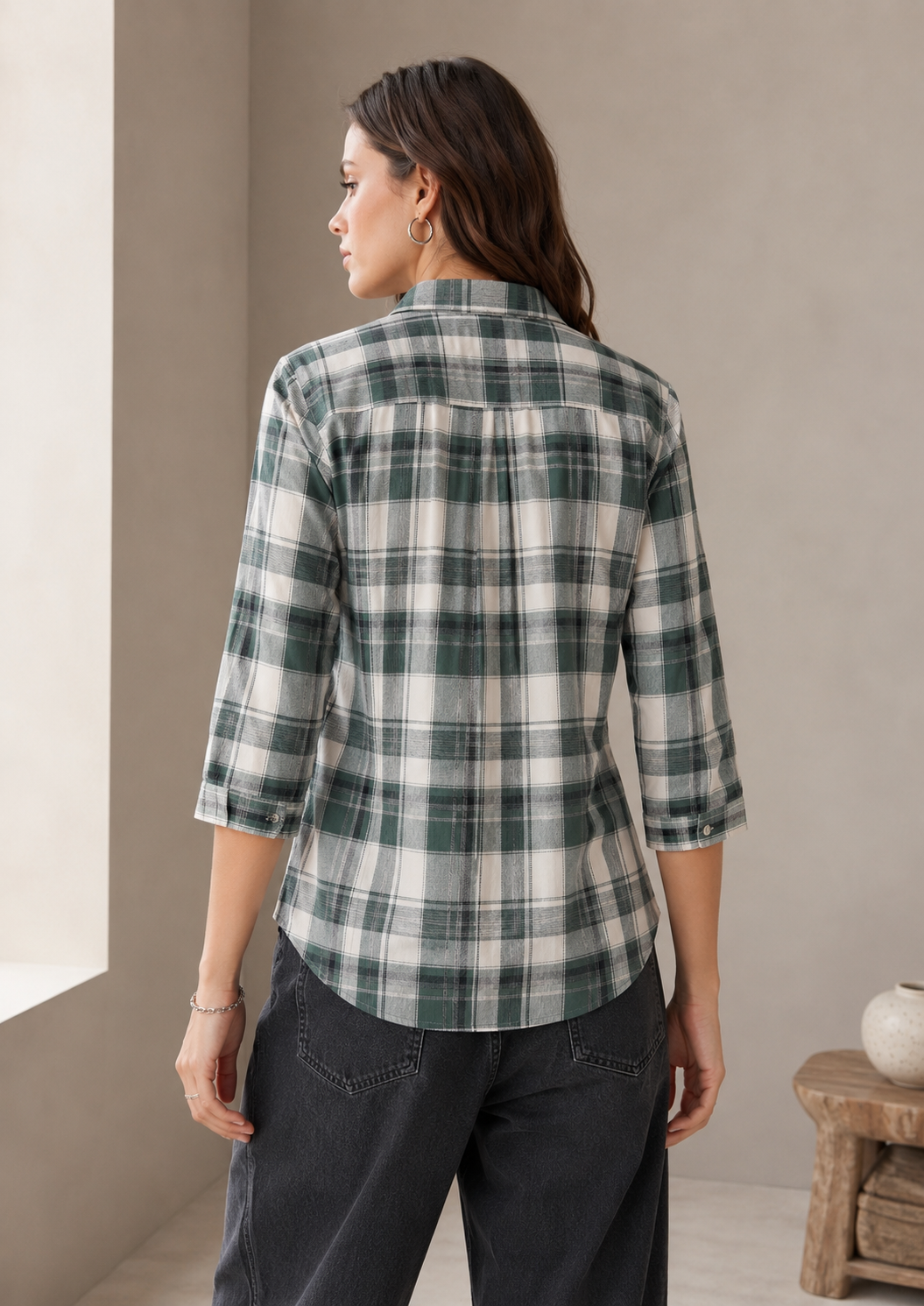 Casual Dark Green & Off-White Plaid Checkered Shirt - 27070