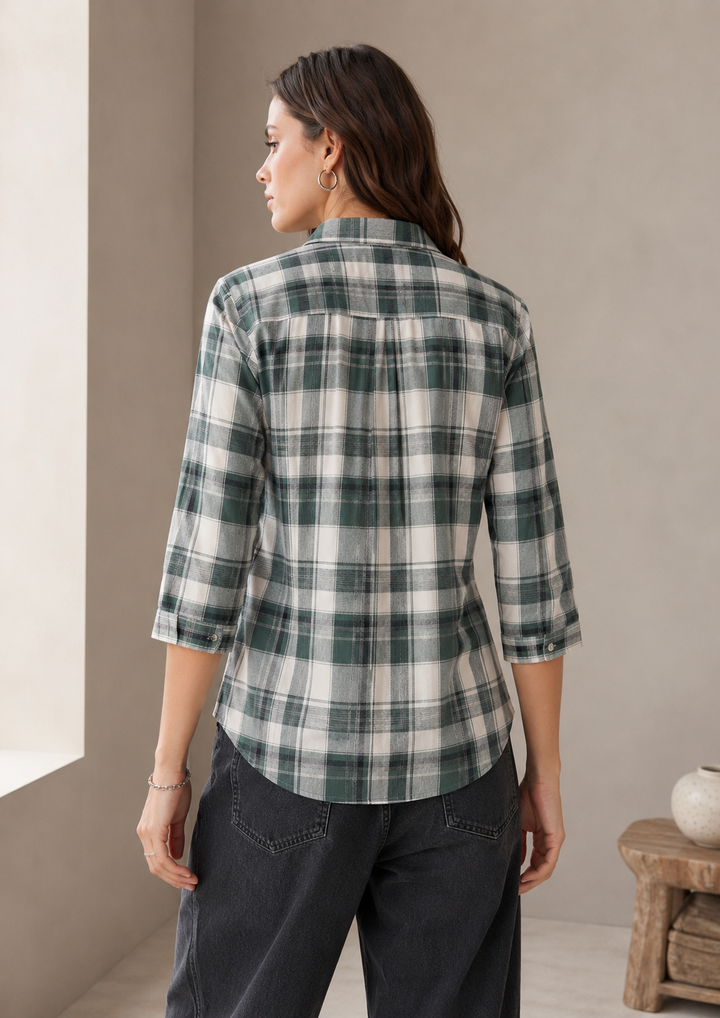 Casual Dark Green & Off-White Plaid Checkered Shirt - 27070