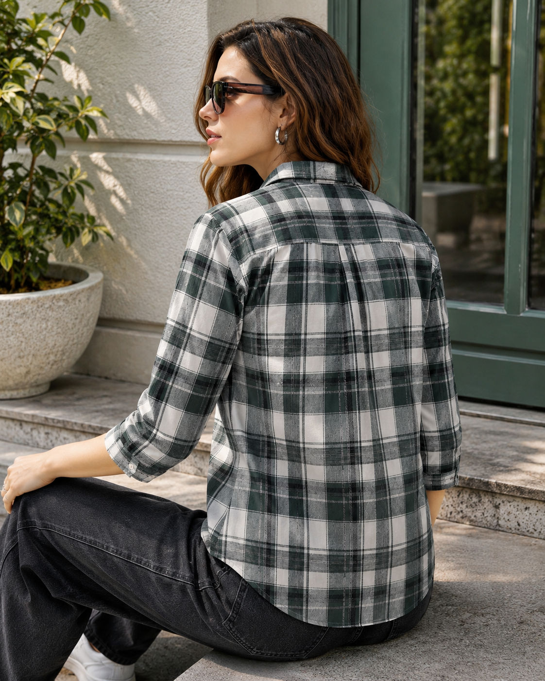 Casual Dark Green & Off-White Plaid Checkered Shirt - 27070