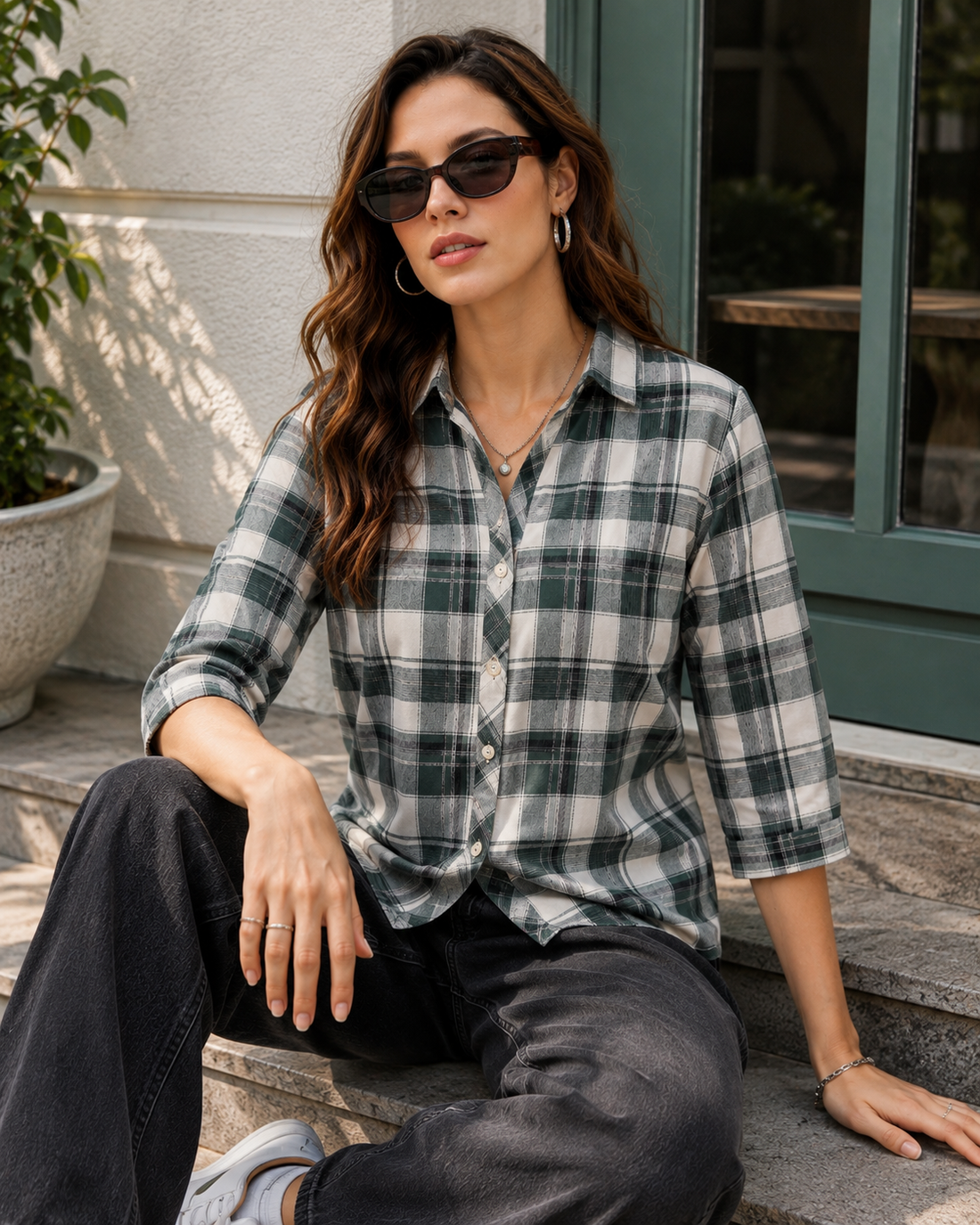 Casual Dark Green & Off-White Plaid Checkered Shirt - 27070