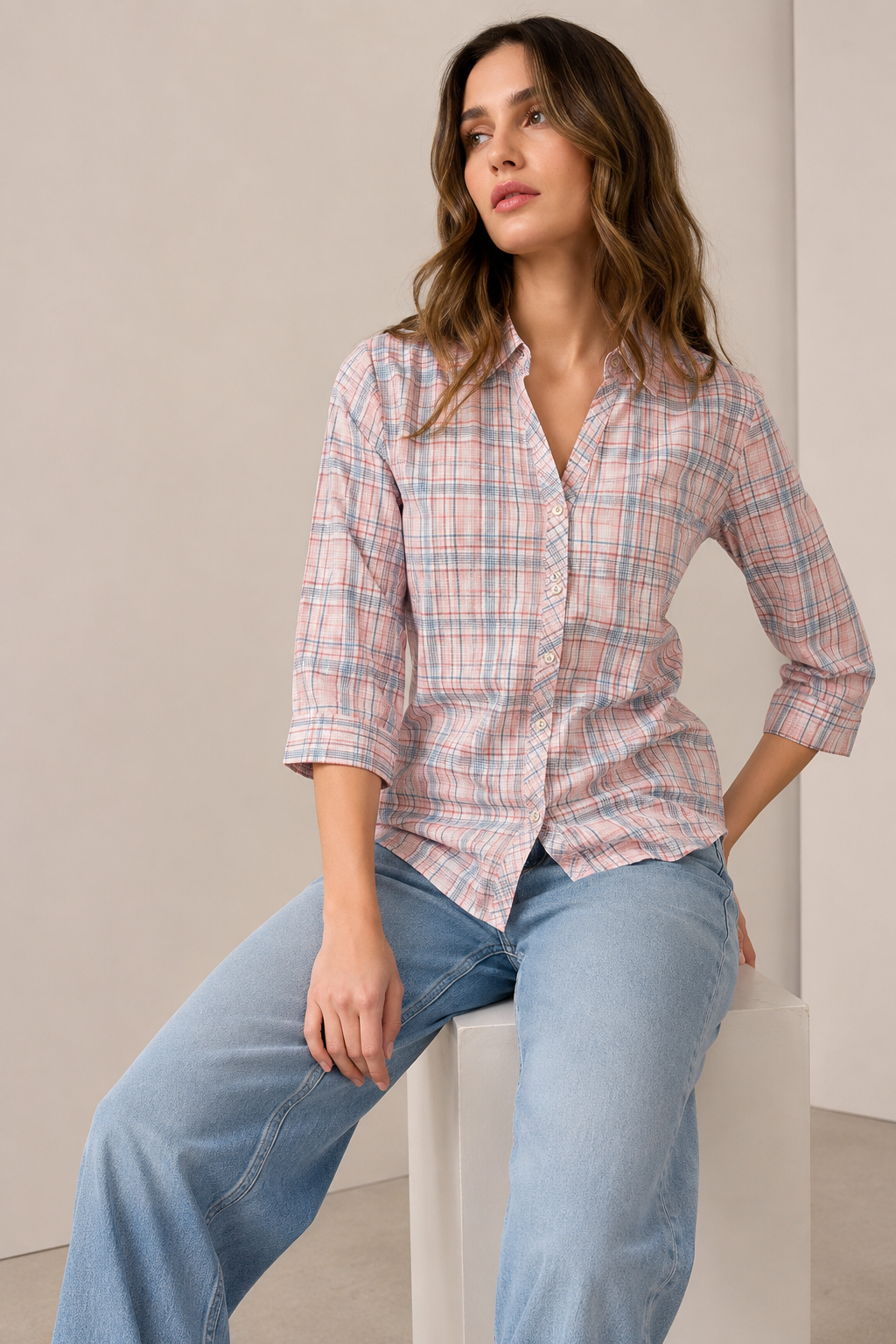 Casual Coral & Blue Plaid Checkered Shirt - 27079