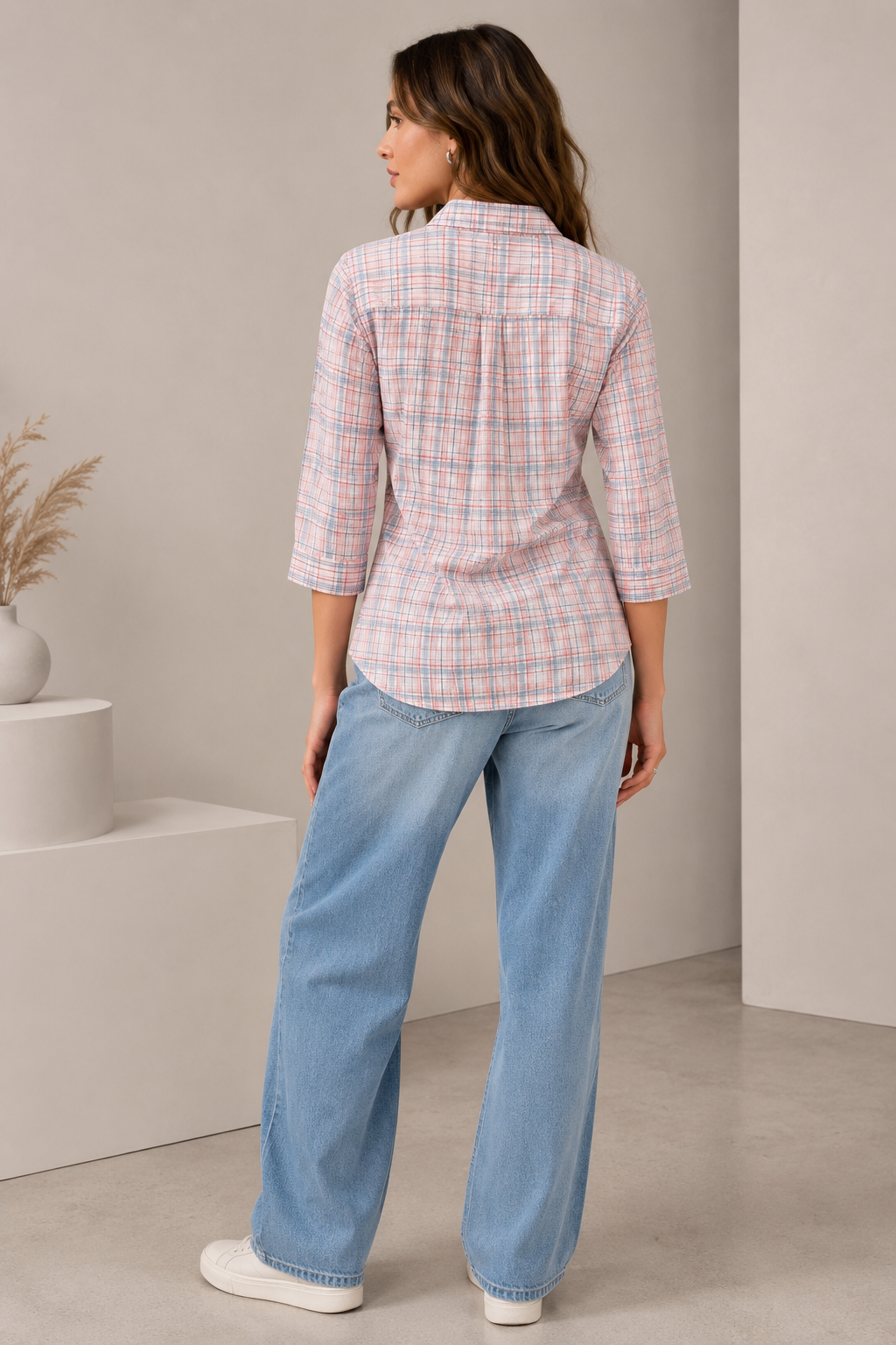 Casual Coral & Blue Plaid Checkered Shirt - 27079