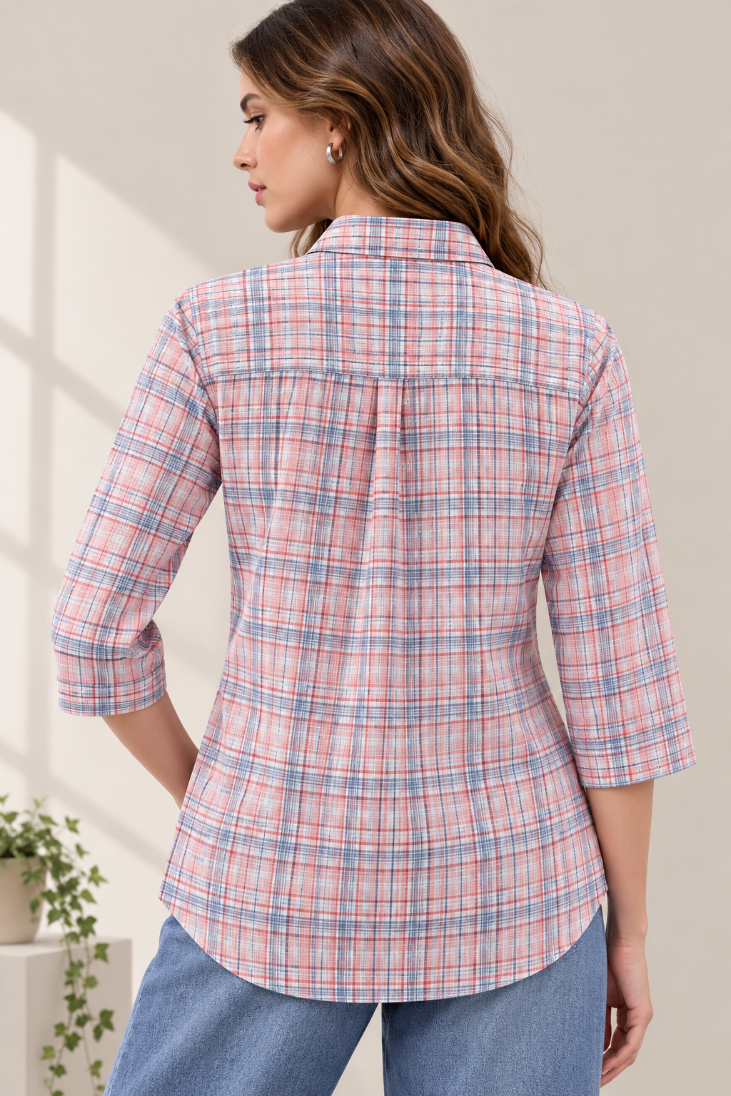Casual Coral & Blue Plaid Checkered Shirt - 27079