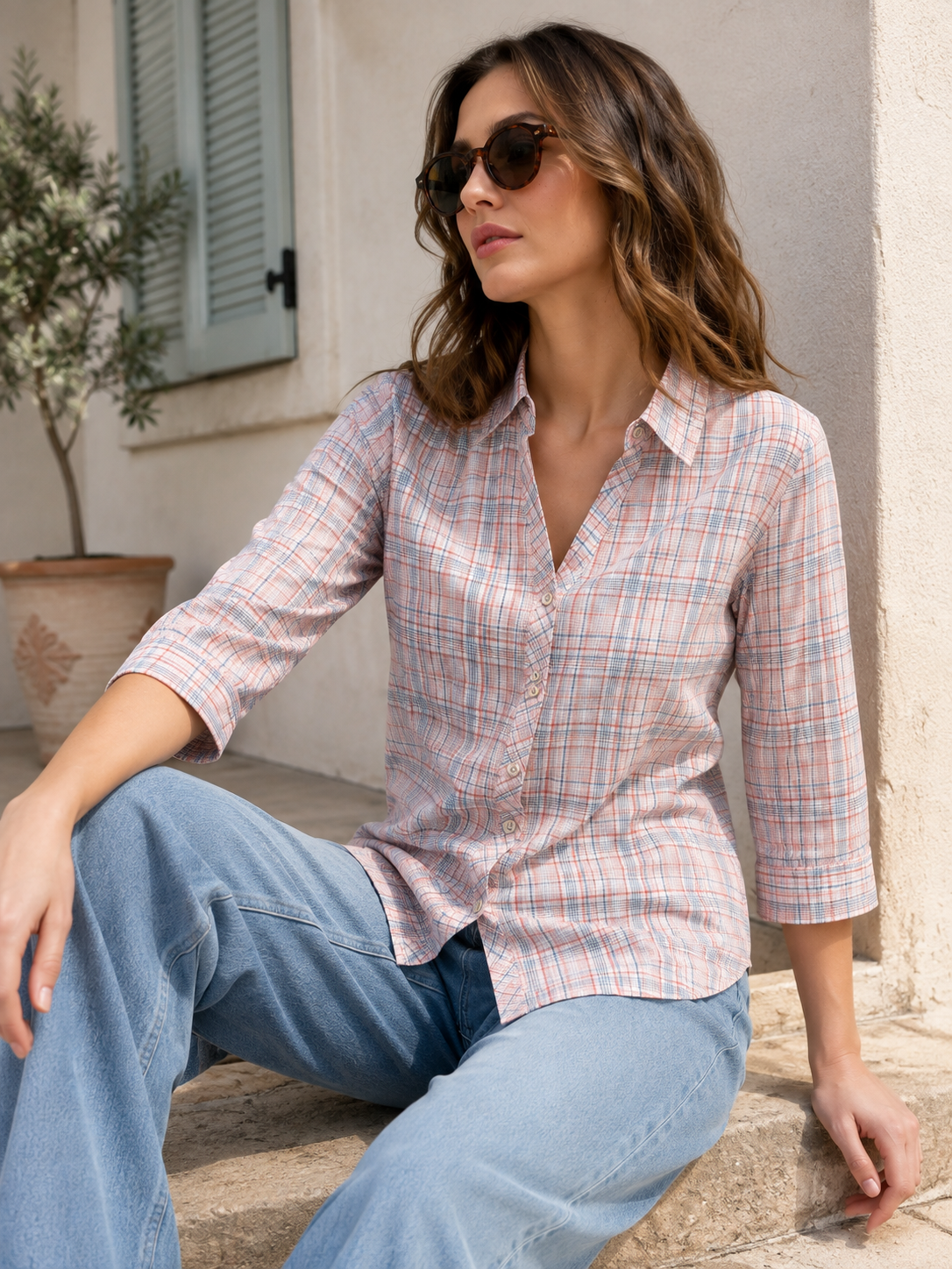 Casual Coral & Blue Plaid Checkered Shirt - 27079