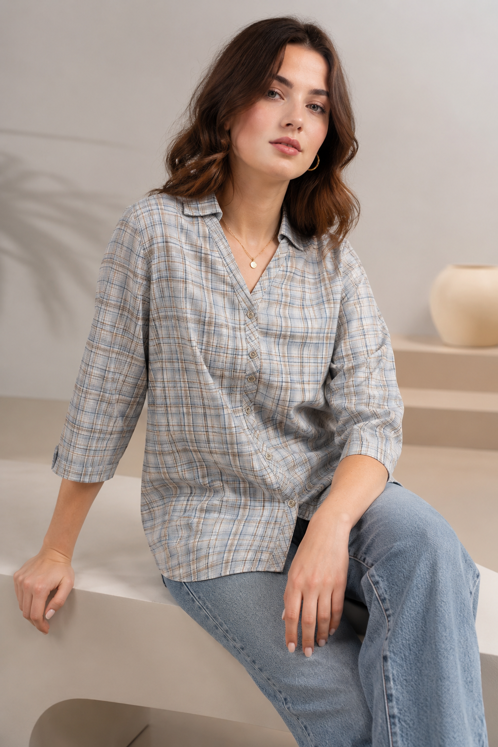 Casual Blue & Tan Plaid Checkered Shirt - 27080