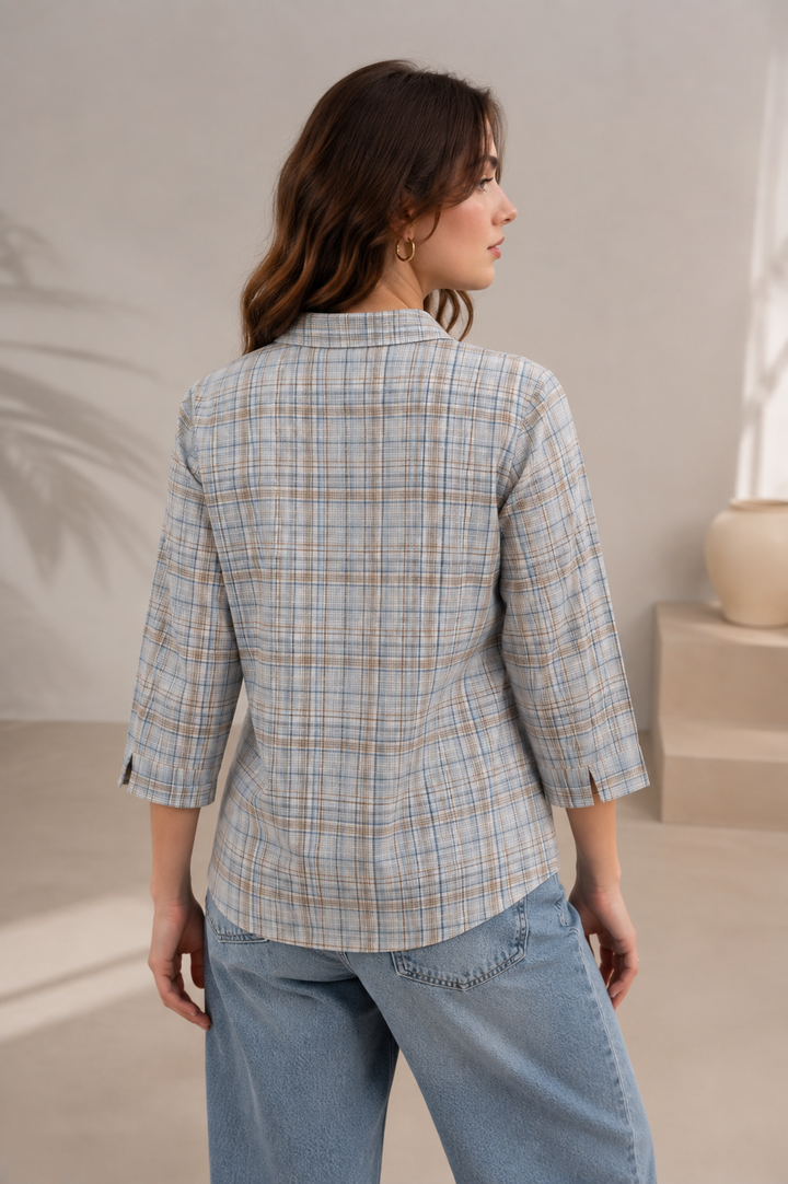 Casual Blue & Tan Plaid Checkered Shirt - 27080