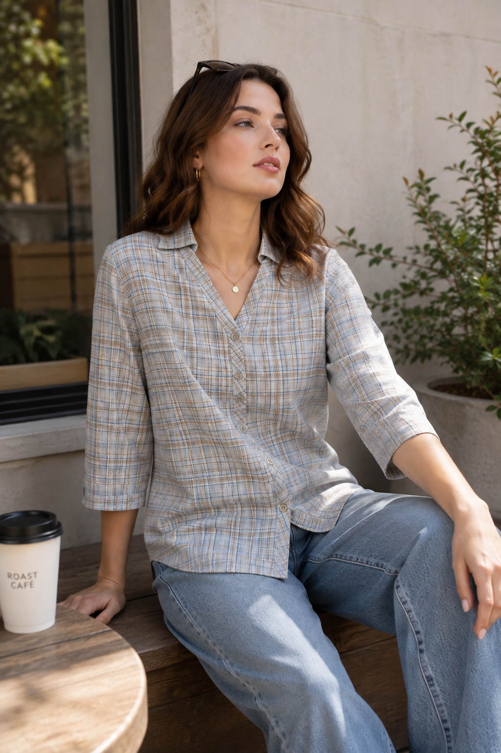 Casual Blue & Tan Plaid Checkered Shirt - 27080
