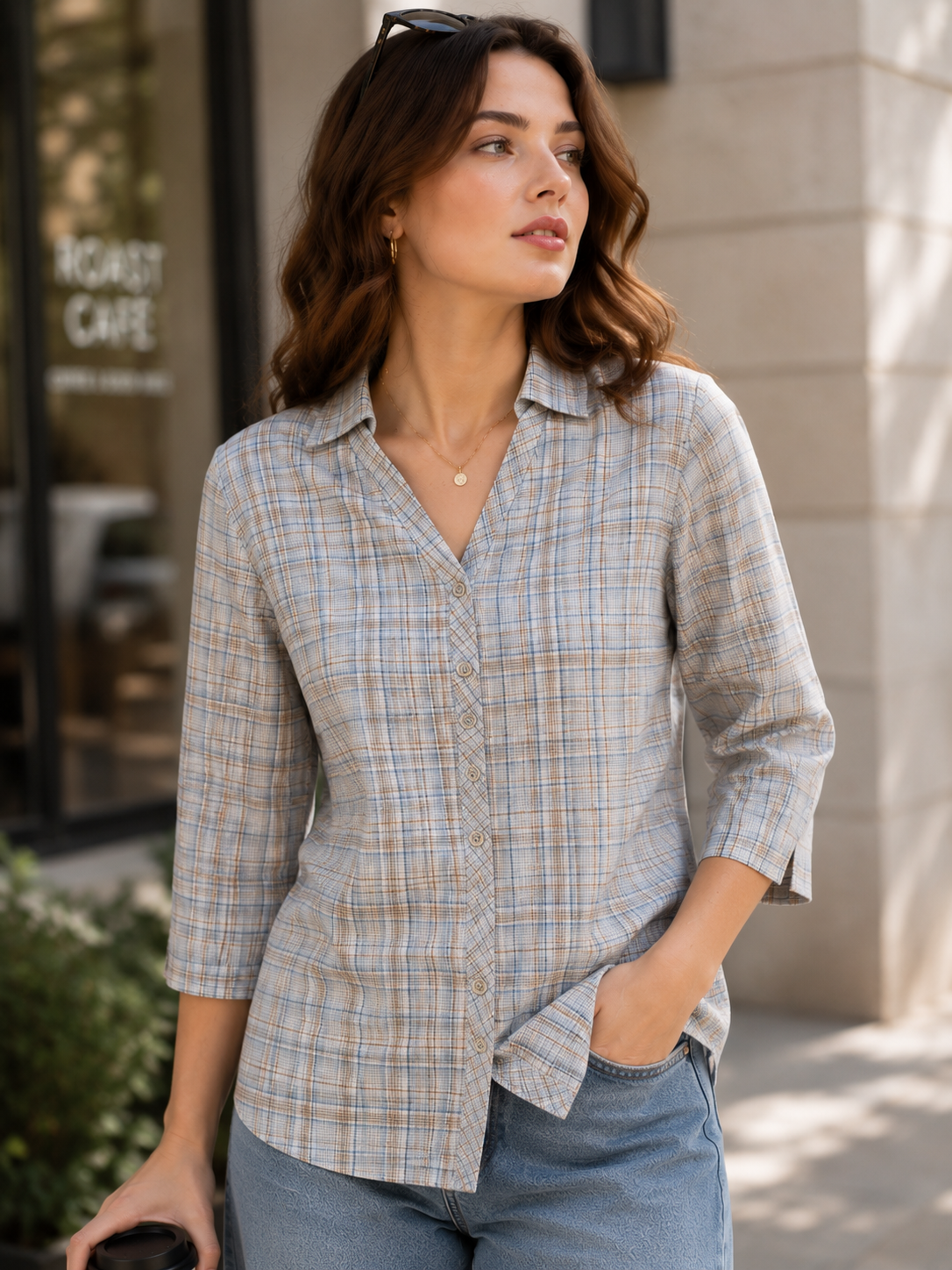 Casual Blue & Tan Plaid Checkered Shirt - 27080