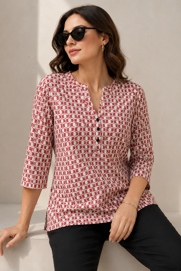 Women's Brick Red and Off-White Geometric Printed Short Kurti - 27211