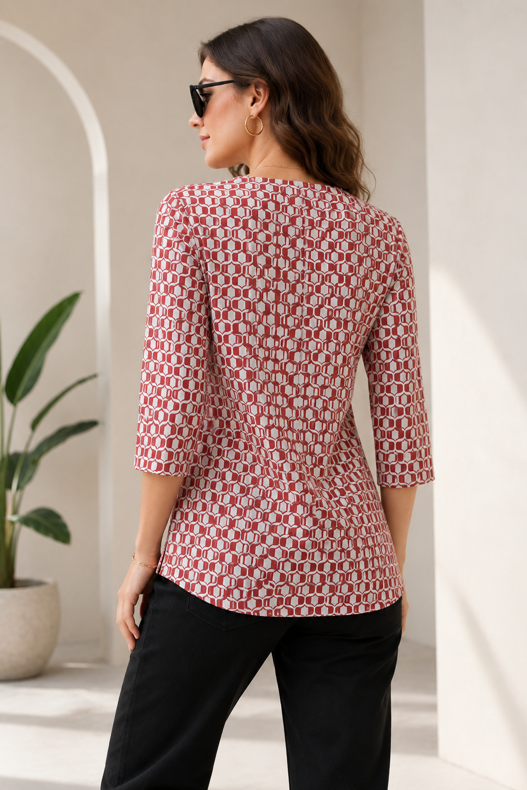 Women's Brick Red and Off-White Geometric Printed Short Kurti - 27211