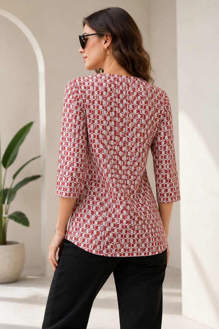 Women's Brick Red and Off-White Geometric Printed Short Kurti - 27211