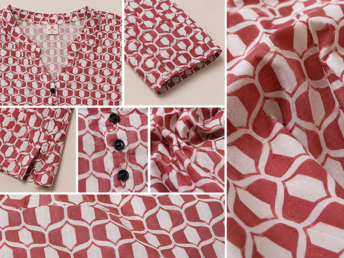 Women's Brick Red and Off-White Geometric Printed Short Kurti - 27211