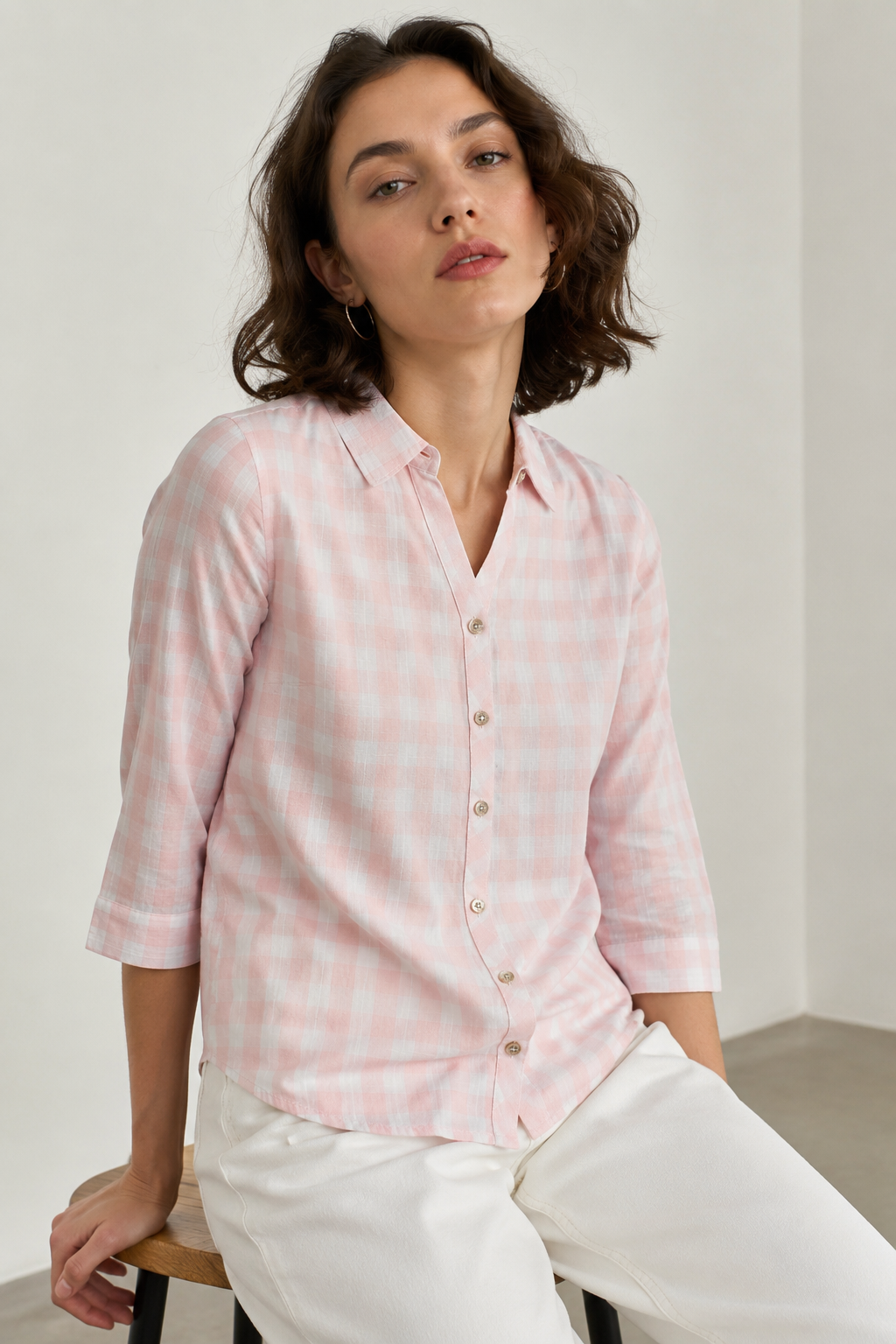 Casual Peach & White Gingham Checkered Shirt - 27088